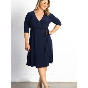 Kiyonna Essential Wrap Dress Women’s 0X Navy Blue Knee-Length 3/4 Sleeve Classic